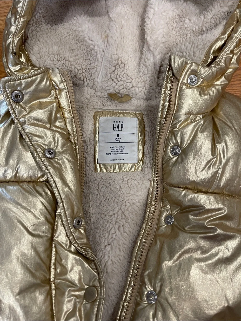 GAP Metallic Gold Kids Puffer Jacket with Sherpa Hood